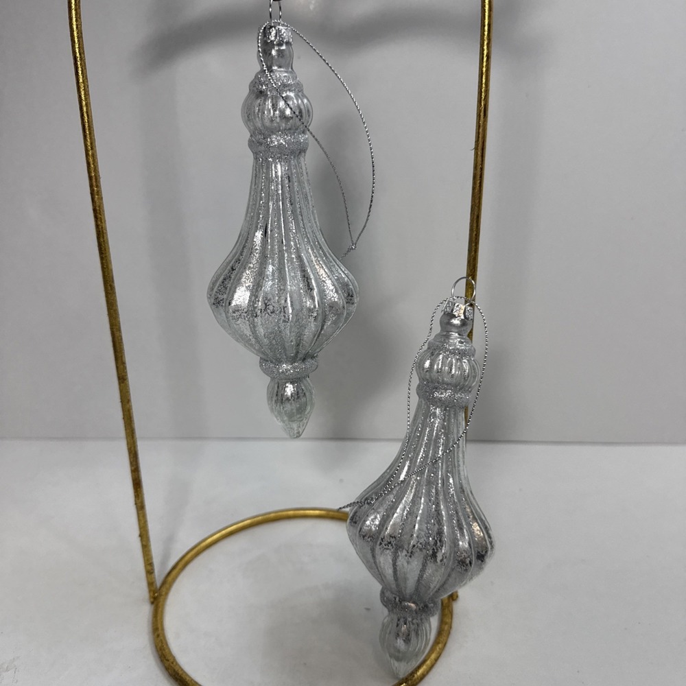 Set (2)‎ Silver and glittered mercury glass blown finial shaped ornaments 6 in